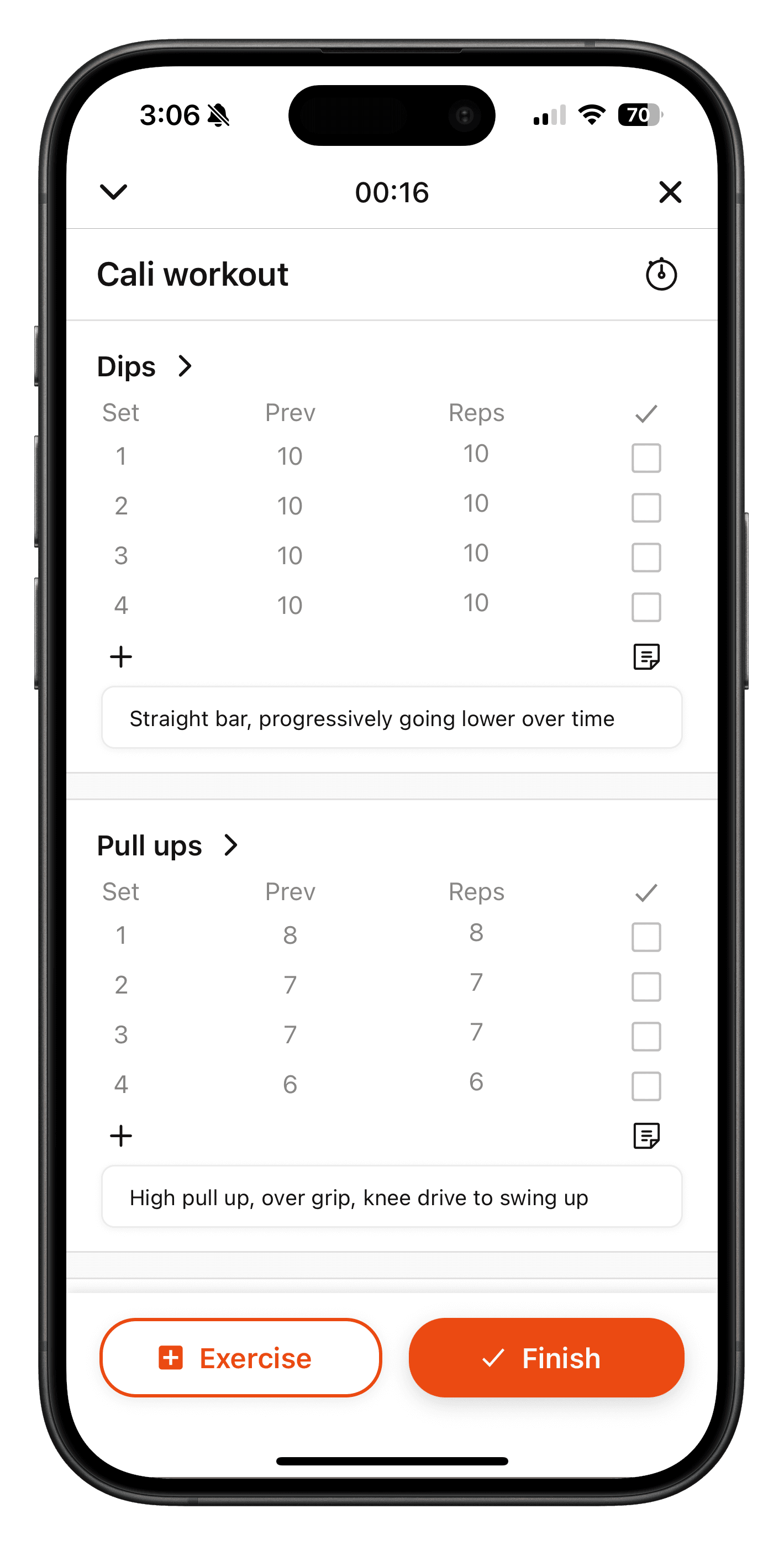 Workout summary showing exercises and achievements