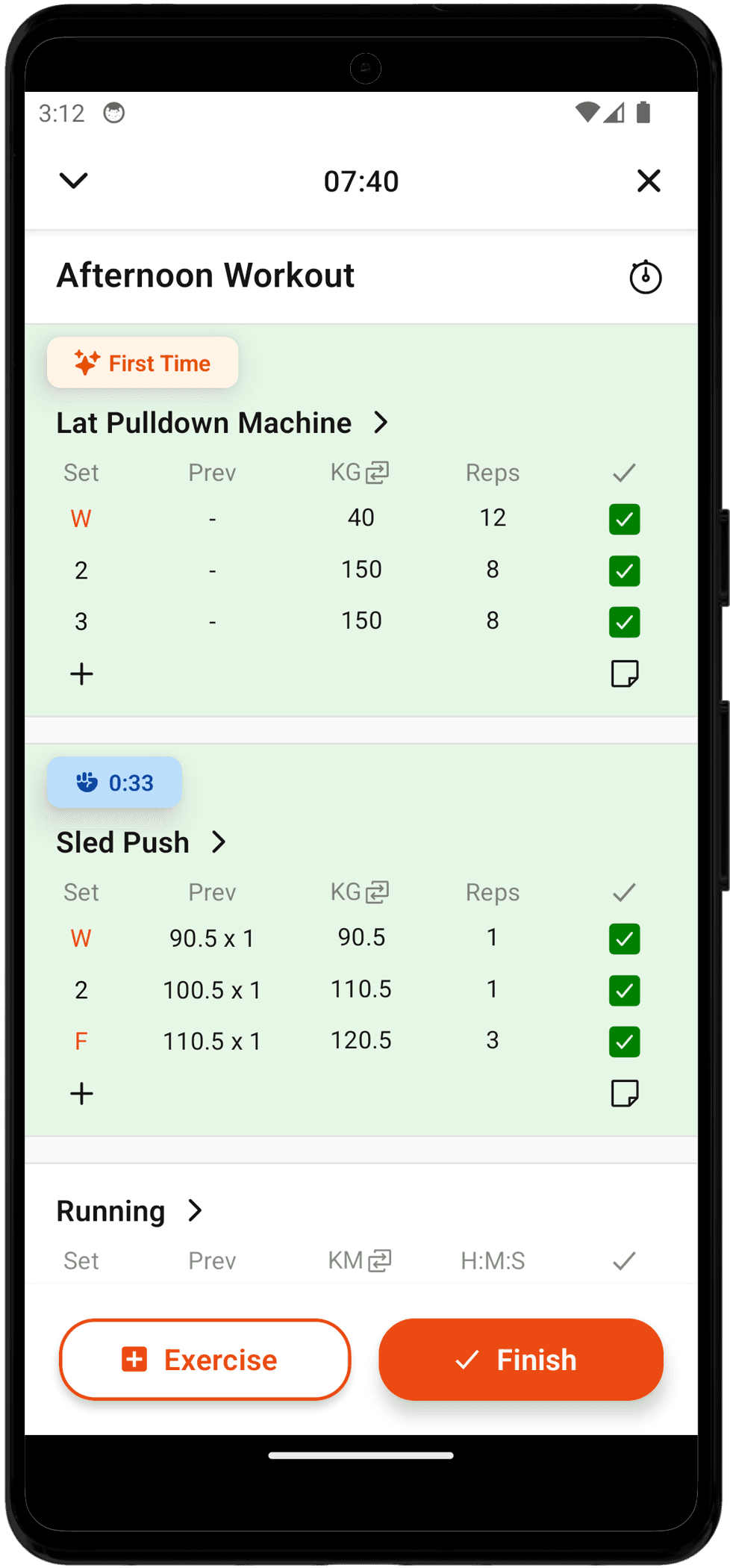 Android active workout screen showing exercise tracking and set completion